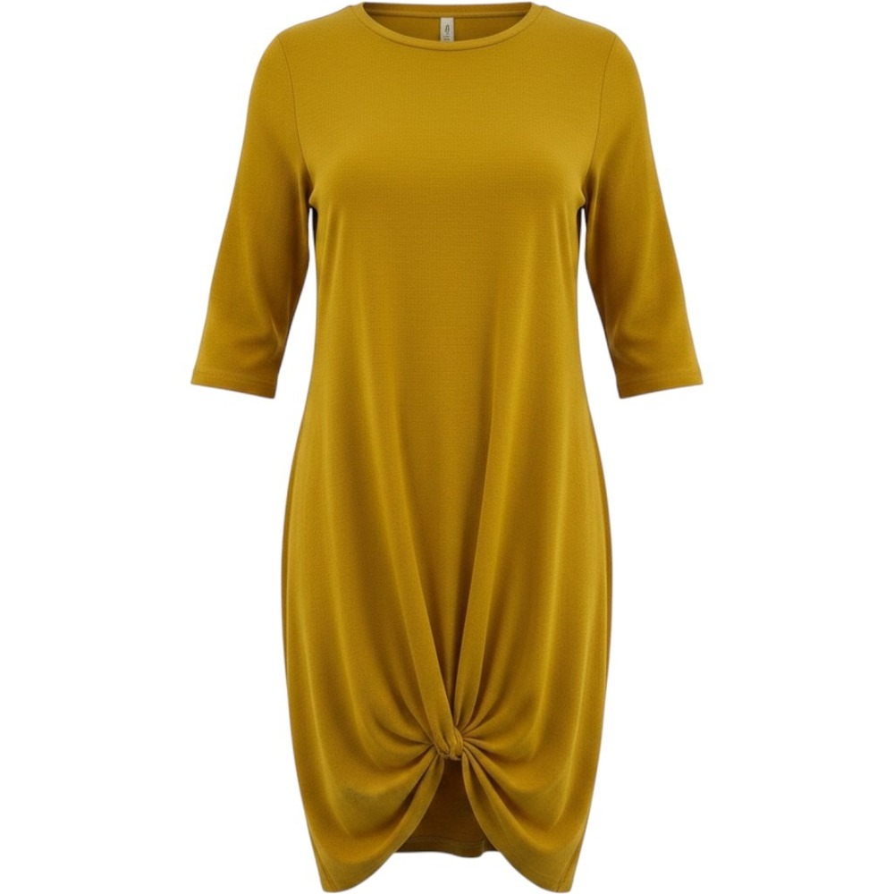 Tickled Teal Small Mustard Yellow Front Knot Ribbed Midi Dress 3/4 Sleeve Comfy